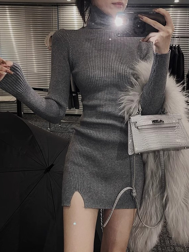 レディース ボディコン ミニニットドレス タートルネック ソ - Bodycon Long Sleeve Ribbed Dress のレビューと価格