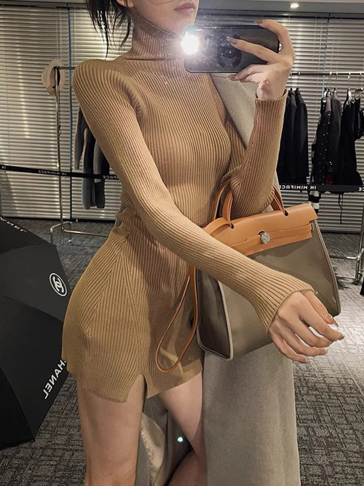 レディース ボディコン ミニニットドレス タートルネック ソ - Bodycon Long Sleeve Ribbed Dress のレビューと価格