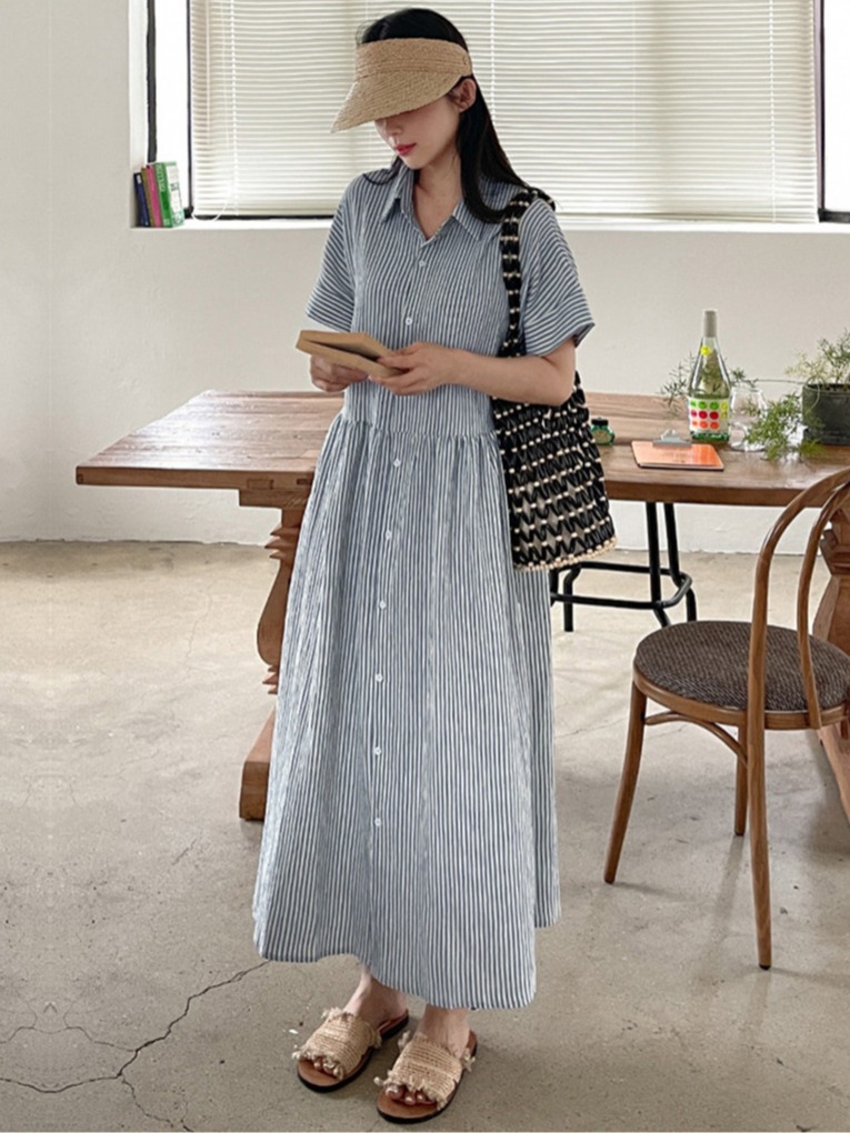 レトロ韓国風ルーズフィットスリムストライプシャツワンピース  - Korean Style A Line Shirt Dress のレビューと価格