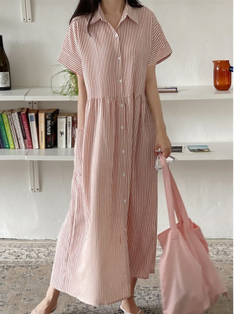 レトロ韓国風ルーズフィットスリムストライプシャツワンピース  - Korean Style A Line Shirt Dress のレビューと価格