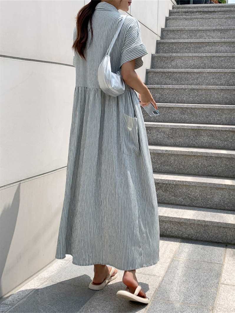 レトロ韓国風ルーズフィットスリムストライプシャツワンピース  - Korean Style A Line Shirt Dress のレビューと価格