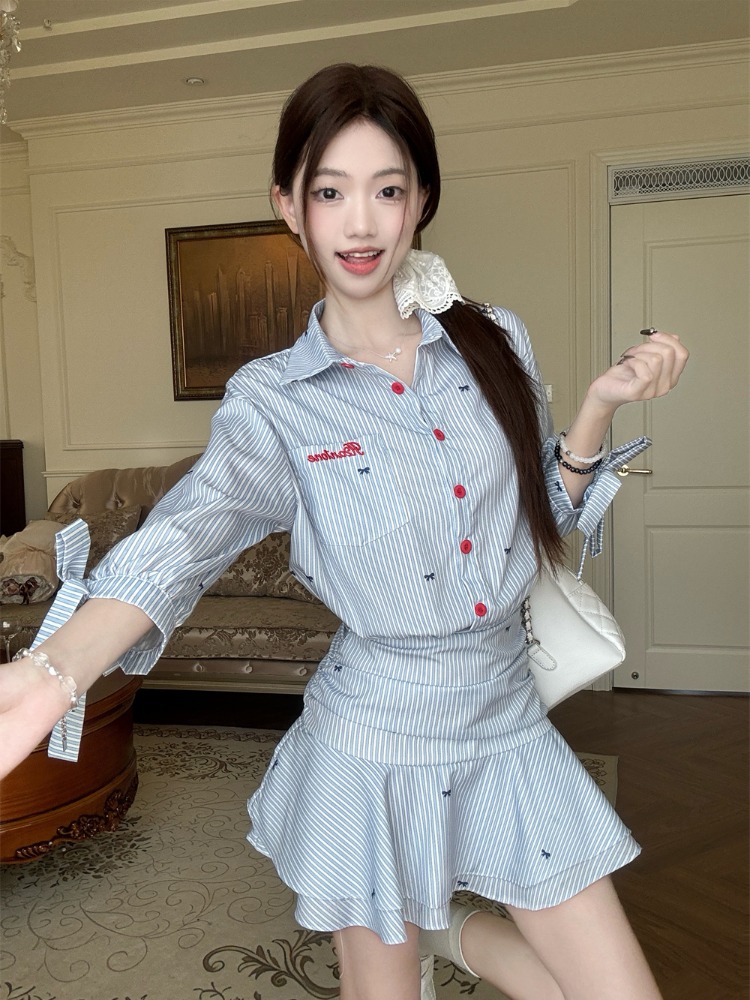 韓国風カジュアルストライプシャツワンピース ブルーAラインロ - Korean Style A Line Shirt Dress のレビューと価格