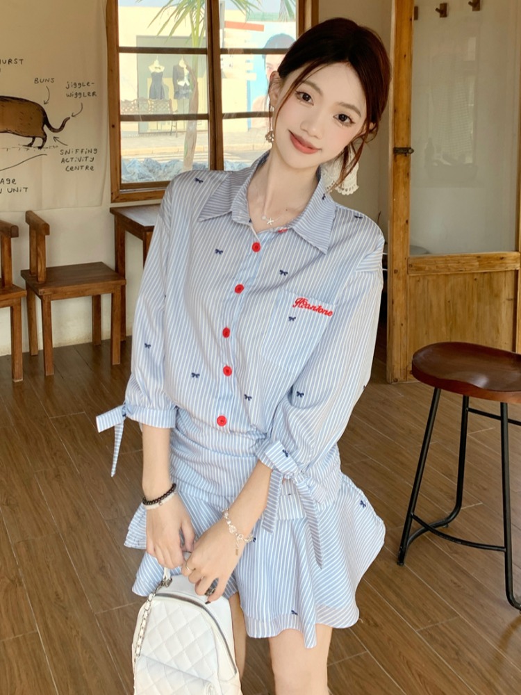 韓国風カジュアルストライプシャツワンピース ブルーAラインロ - Korean Style A Line Shirt Dress のレビューと価格