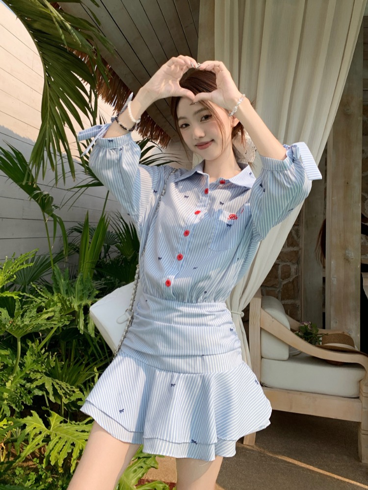 韓国風カジュアルストライプシャツワンピース ブルーAラインロ - Korean Style A Line Shirt Dress のレビューと価格