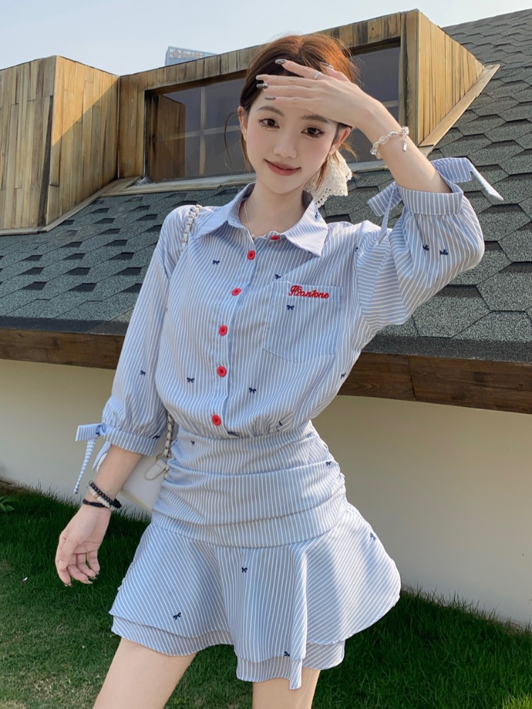 韓国風カジュアルストライプシャツワンピース ブルーAラインロ - Korean Style A Line Shirt Dress のレビューと価格