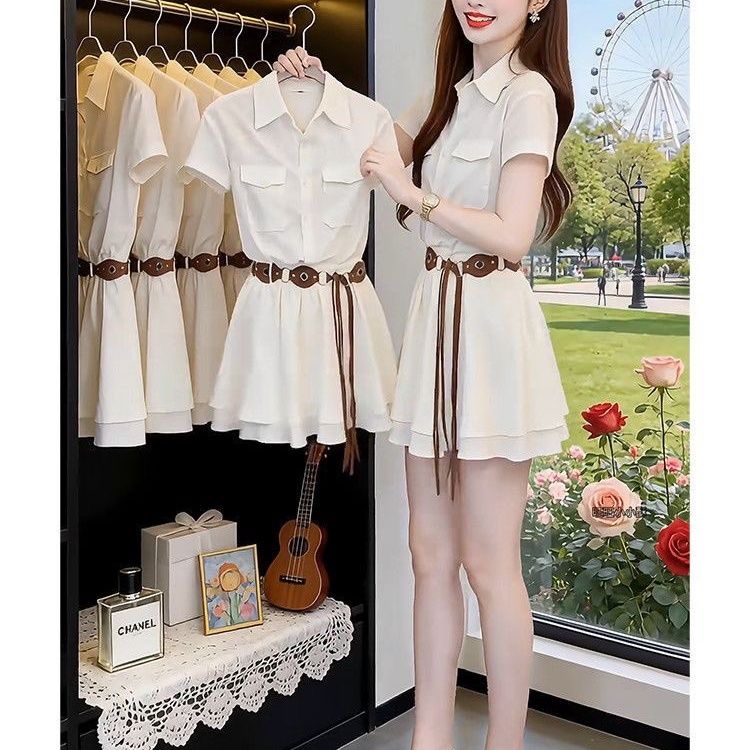 韓国風半袖シャツワンピース レディース エレガント 若々しい - Korean Style A Line Shirt Dress のレビューと価格