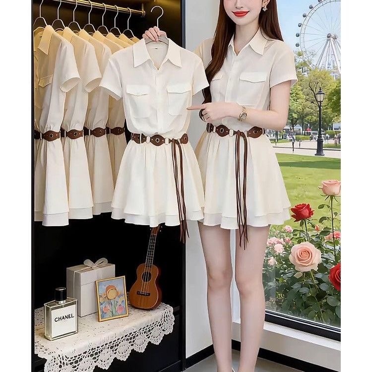 韓国風半袖シャツワンピース レディース エレガント 若々しい - Korean Style A Line Shirt Dress のレビューと価格