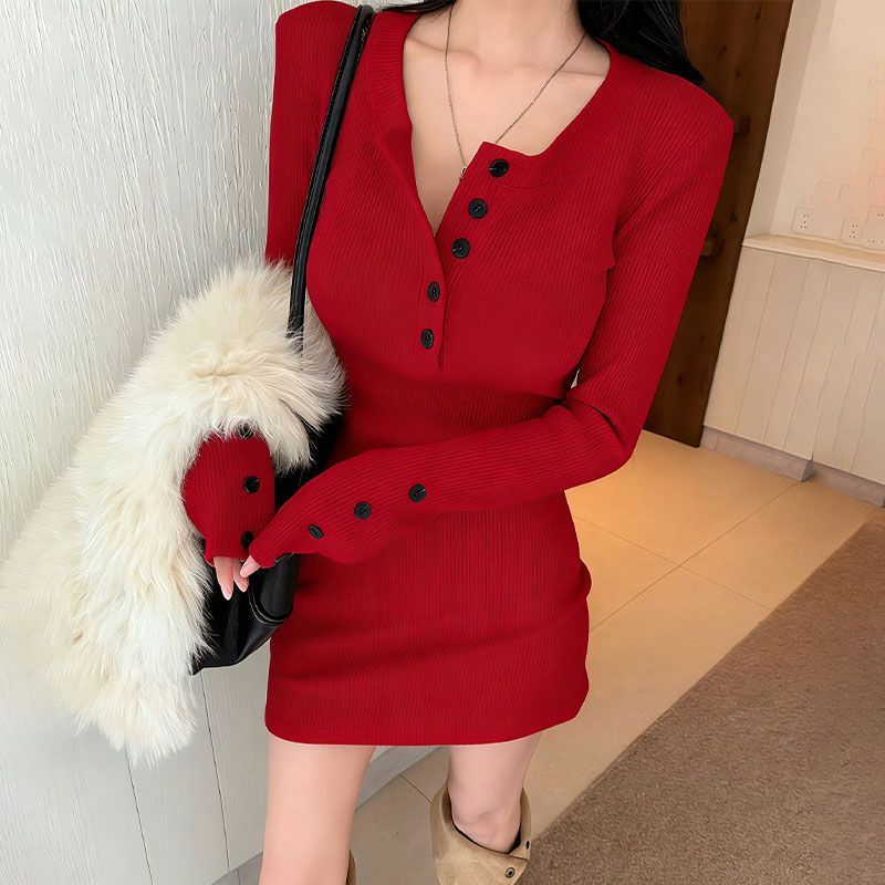 Y2k レディース ボディコン ニットドレス 韓国スタイル  - Bodycon Long Sleeve Ribbed Dress のレビューと価格