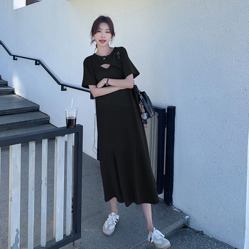 レイジースタイル中空アウトソリッドシンプルTシャツドレス夏の - Korean Style A Line Shirt Dress のレビューと価格