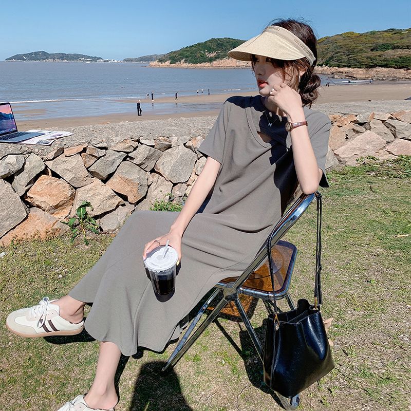 レイジースタイル中空アウトソリッドシンプルTシャツドレス夏の - Korean Style A Line Shirt Dress のレビューと価格