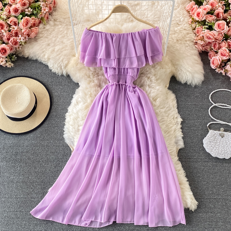 女性のための裸の肩のシフォンドレス,セクシーなビーチドレス, - Off Shoulder Puff Sleeve Sundress のレビューと価格