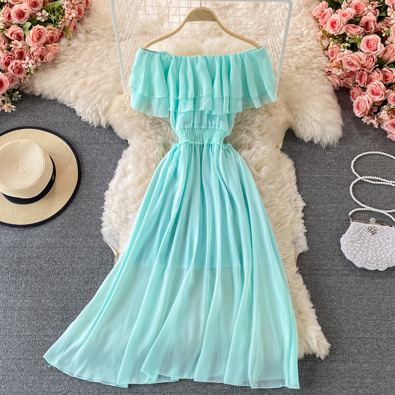 女性のための裸の肩のシフォンドレス,セクシーなビーチドレス, - Off Shoulder Puff Sleeve Sundress のレビューと価格