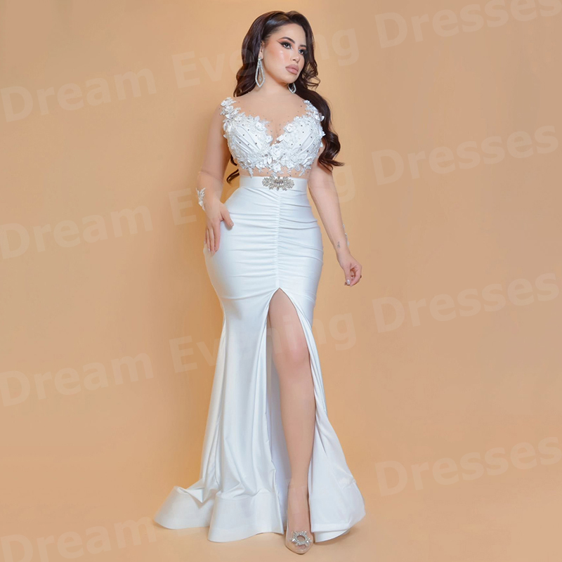 エレガントなホワイトマーメイド女性のイブニングドレス長袖カス - Elegant Satin Evening Gown Split のレビューと価格