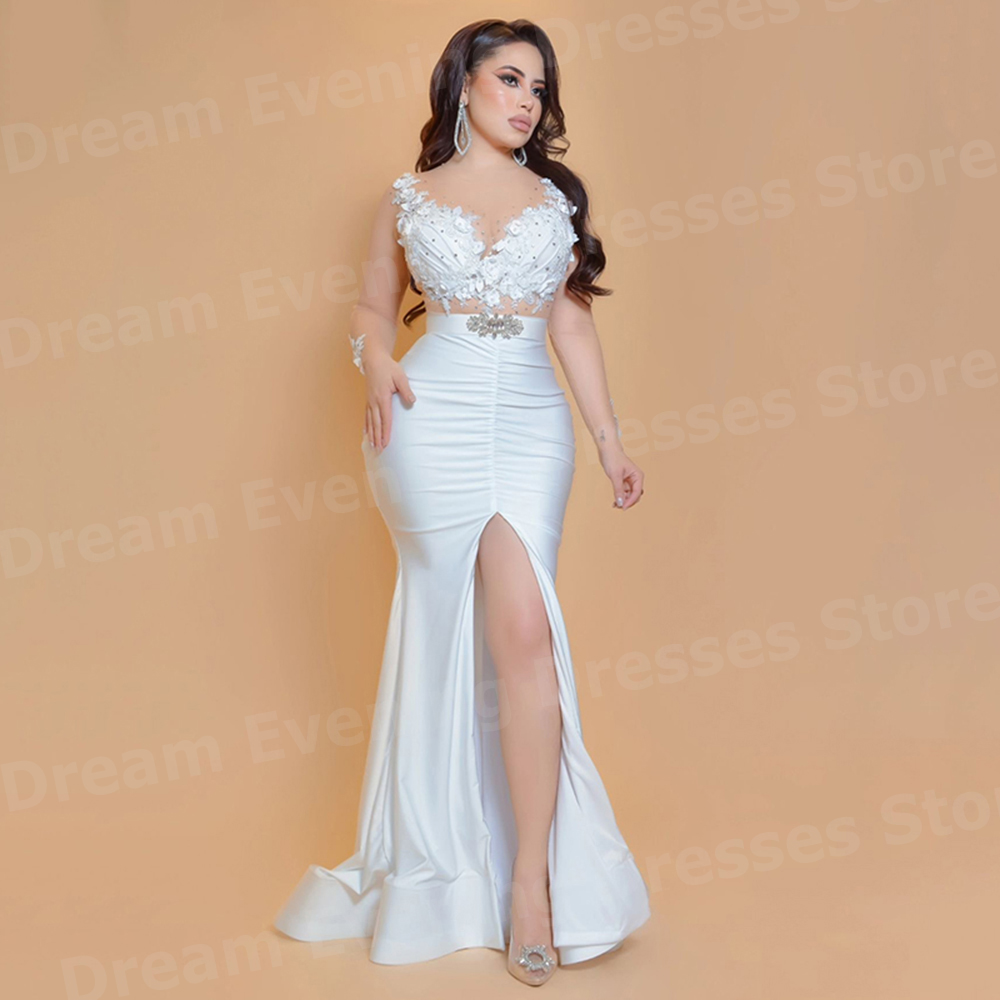 エレガントなホワイトマーメイド女性のイブニングドレス長袖カス - Elegant Satin Evening Gown Split のレビューと価格