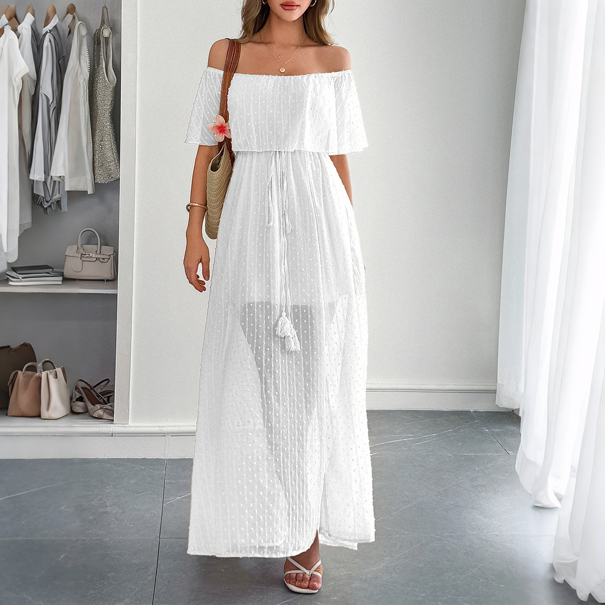 エレガントな女性の夏のカジュアルドットオフショルダーロングド - Off Shoulder Puff Sleeve Sundress のレビューと価格