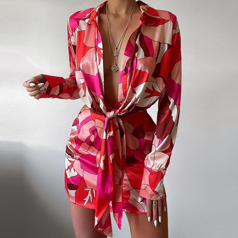 セクシーな花柄プリントの長袖シャツワンピース、韓国風ハイウエ - Korean Style A Line Shirt Dress のレビューと価格