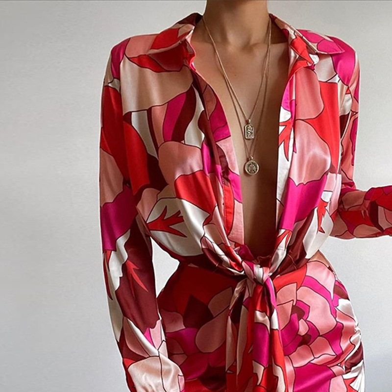 セクシーな花柄プリントの長袖シャツワンピース、韓国風ハイウエ - Korean Style A Line Shirt Dress のレビューと価格