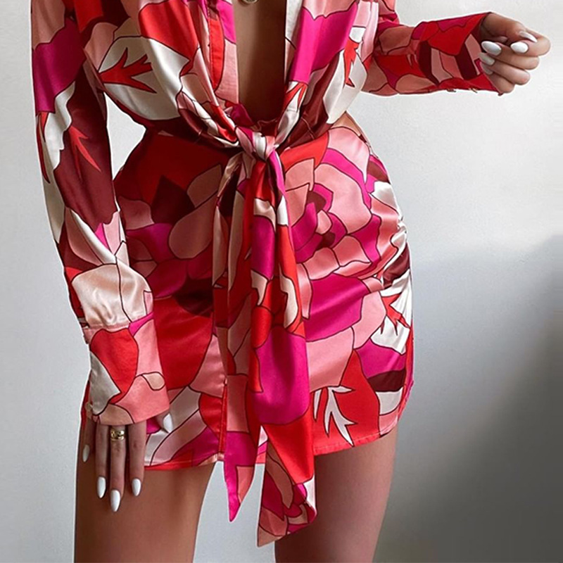 セクシーな花柄プリントの長袖シャツワンピース、韓国風ハイウエ - Korean Style A Line Shirt Dress のレビューと価格