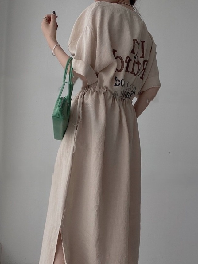 シックな夏カジュアルラウンドネックレタープリントTシャツドレ - Korean Style A Line Shirt Dress のレビューと価格