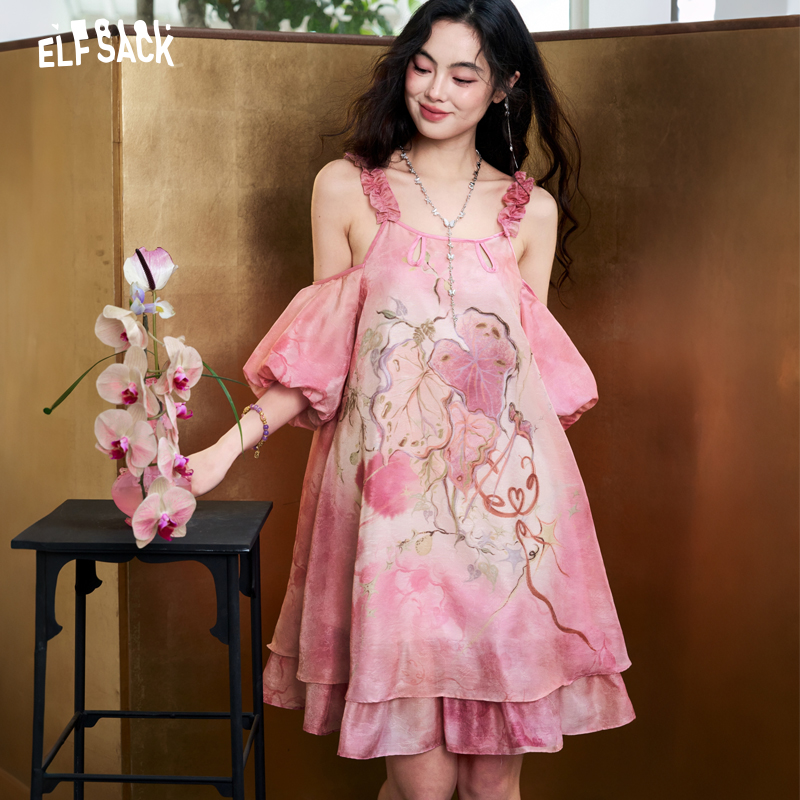 ELFSACK レディース タイダイ ジャカード シフォン  - Off Shoulder Puff Sleeve Sundress のレビューと価格