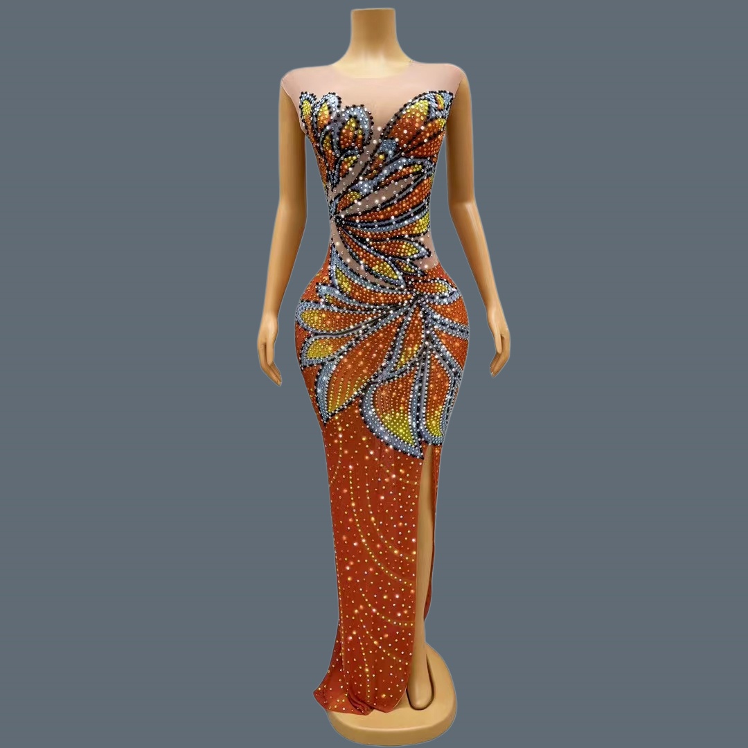 女性用ノースリーブメッシュマキシドレス、モナークバタフライ柄 - Sparkly Rhinestone Club Party Dress のレビューと価格