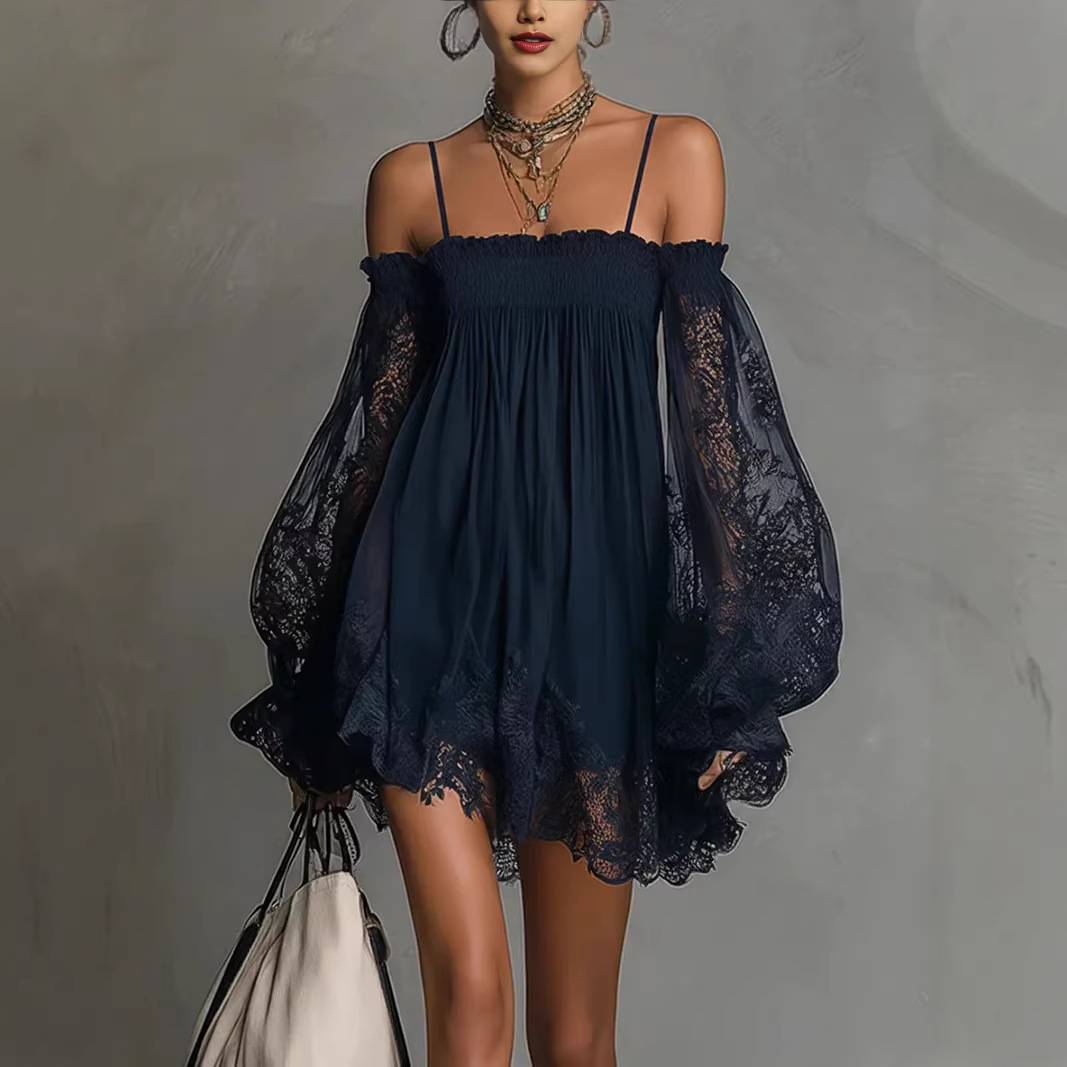 オフショルダーレースミニドレス、スパゲッティストラップ、シア - Off Shoulder Puff Sleeve Sundress のレビューと価格