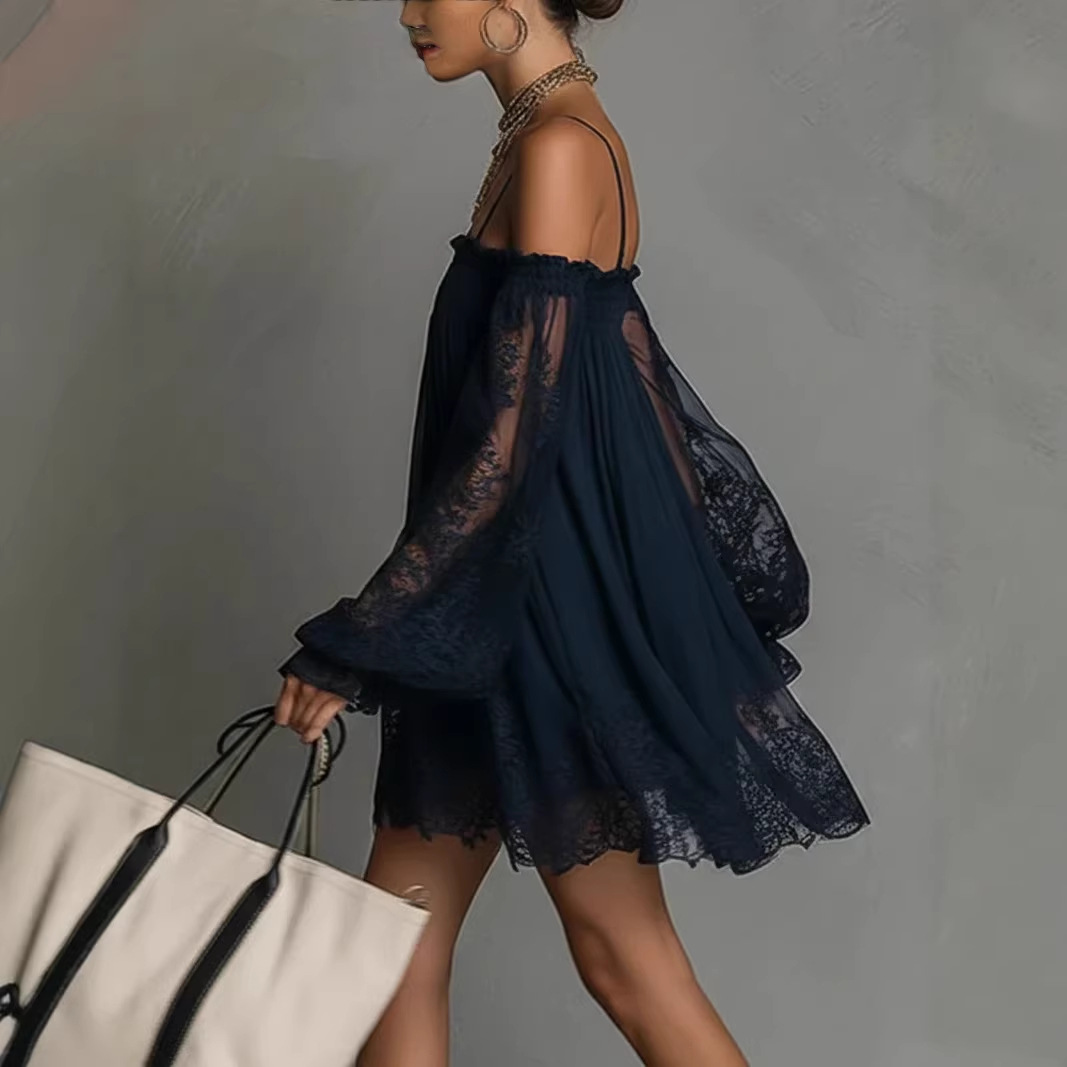 オフショルダーレースミニドレス、スパゲッティストラップ、シア - Off Shoulder Puff Sleeve Sundress のレビューと価格