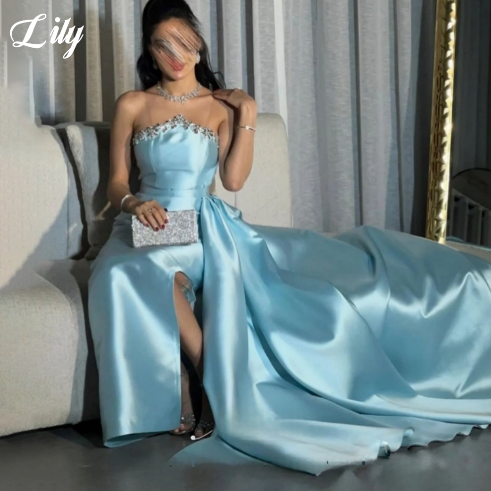 リリーブルーのエレガントなフォーマルガウン光沢のあるラインス - Elegant Satin Evening Gown Split のレビューと価格