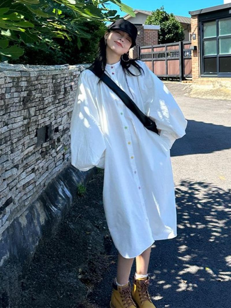 プラスサイズ レディース 長袖シャツワンピース シングルボタ - Korean Style A Line Shirt Dress のレビューと価格