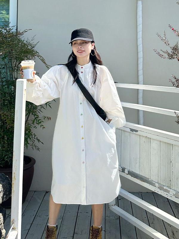 プラスサイズ レディース 長袖シャツワンピース シングルボタ - Korean Style A Line Shirt Dress のレビューと価格