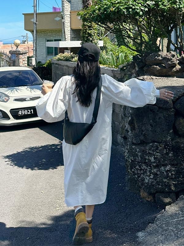 プラスサイズ レディース 長袖シャツワンピース シングルボタ - Korean Style A Line Shirt Dress のレビューと価格
