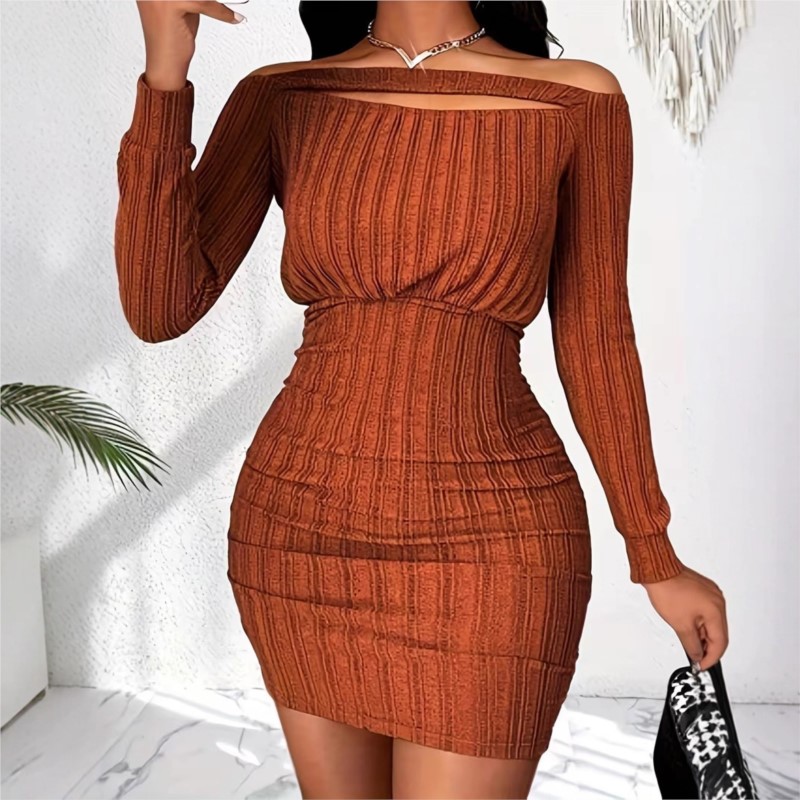 女性のファッションドレス春秋エレガントなオフショルダーリブセ - Bodycon Long Sleeve Ribbed Dress のレビューと価格