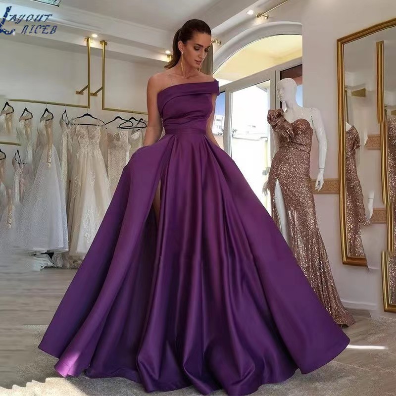 エレガントなオフショルダーサテンイブニングドレス、ハイ スリ - Elegant Satin Evening Gown Split のレビューと価格