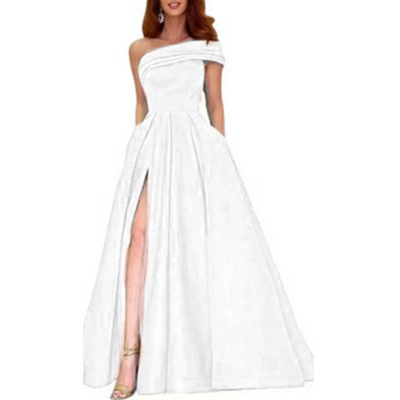 エレガントなオフショルダーサテンイブニングドレス、ハイ スリ - Elegant Satin Evening Gown Split のレビューと価格