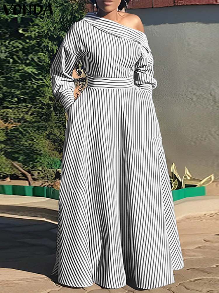 VONDA 2024 女性のエレガントなストライプマキシドレ - Off Shoulder Puff Sleeve Sundress のレビューと価格