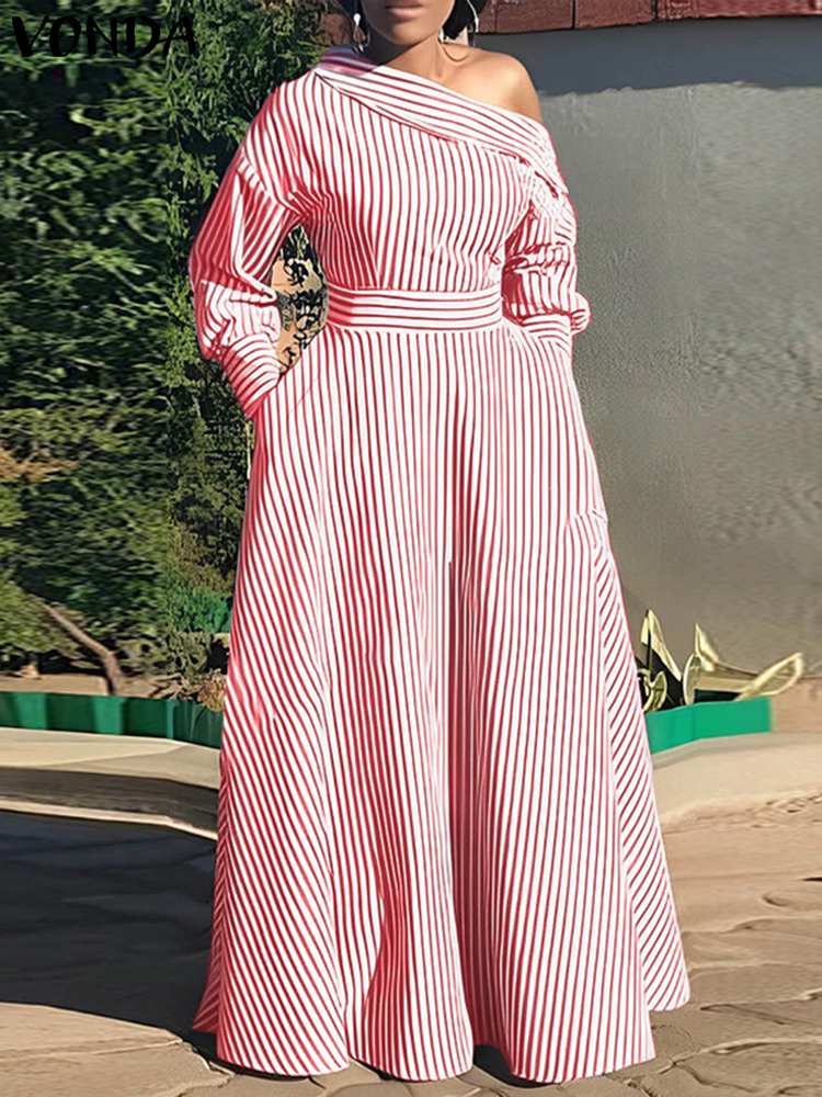 VONDA 2024 女性のエレガントなストライプマキシドレ - Off Shoulder Puff Sleeve Sundress のレビューと価格
