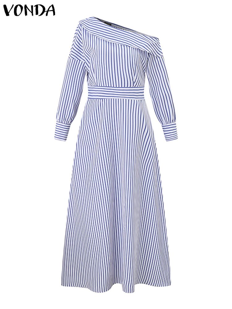 VONDA 2024 女性のエレガントなストライプマキシドレ - Off Shoulder Puff Sleeve Sundress のレビューと価格
