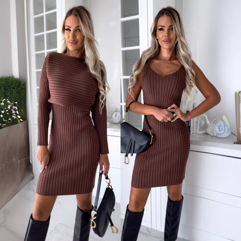 秋の新作シックでセクシーな2ピースセット、リブニットの長袖ル - Bodycon Long Sleeve Ribbed Dress のレビューと価格