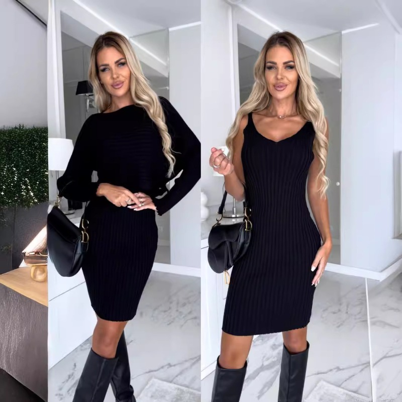 秋の新作シックでセクシーな2ピースセット、リブニットの長袖ル - Bodycon Long Sleeve Ribbed Dress のレビューと価格
