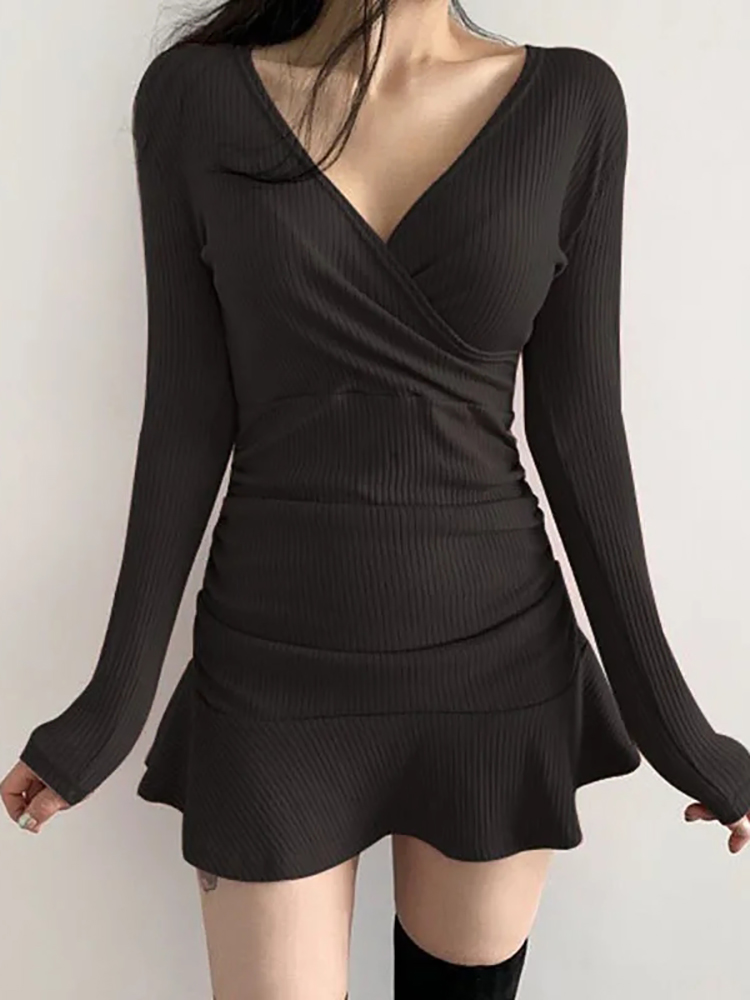 Aossviao-女性用の黒のニットリブミドル丈ドレス,Vネ - Bodycon Long Sleeve Ribbed Dress のレビューと価格