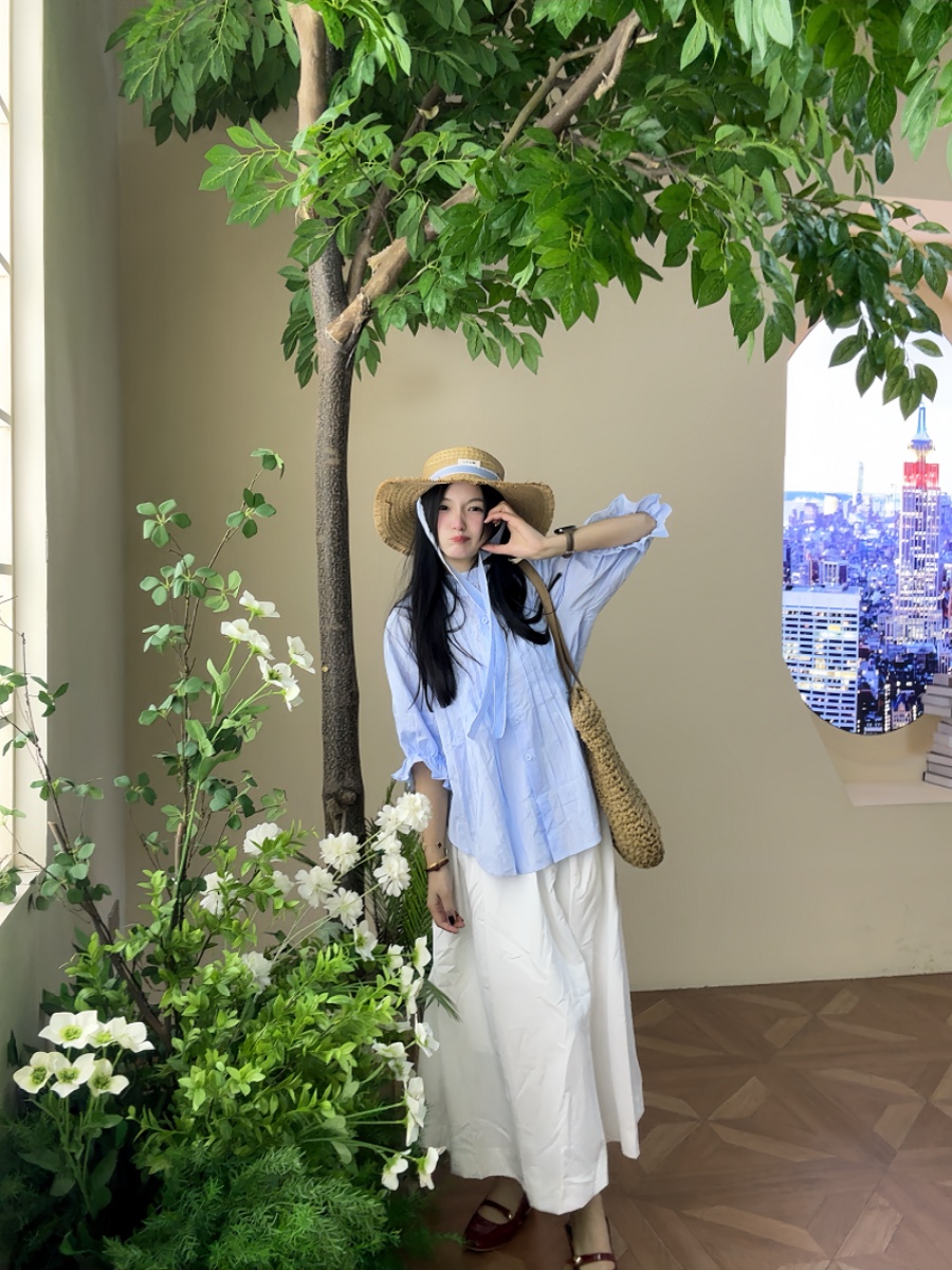 プラスサイズの女性用ブルーバブルスリーブシャツとハイウエスト - Korean Style A Line Shirt Dress のレビューと価格
