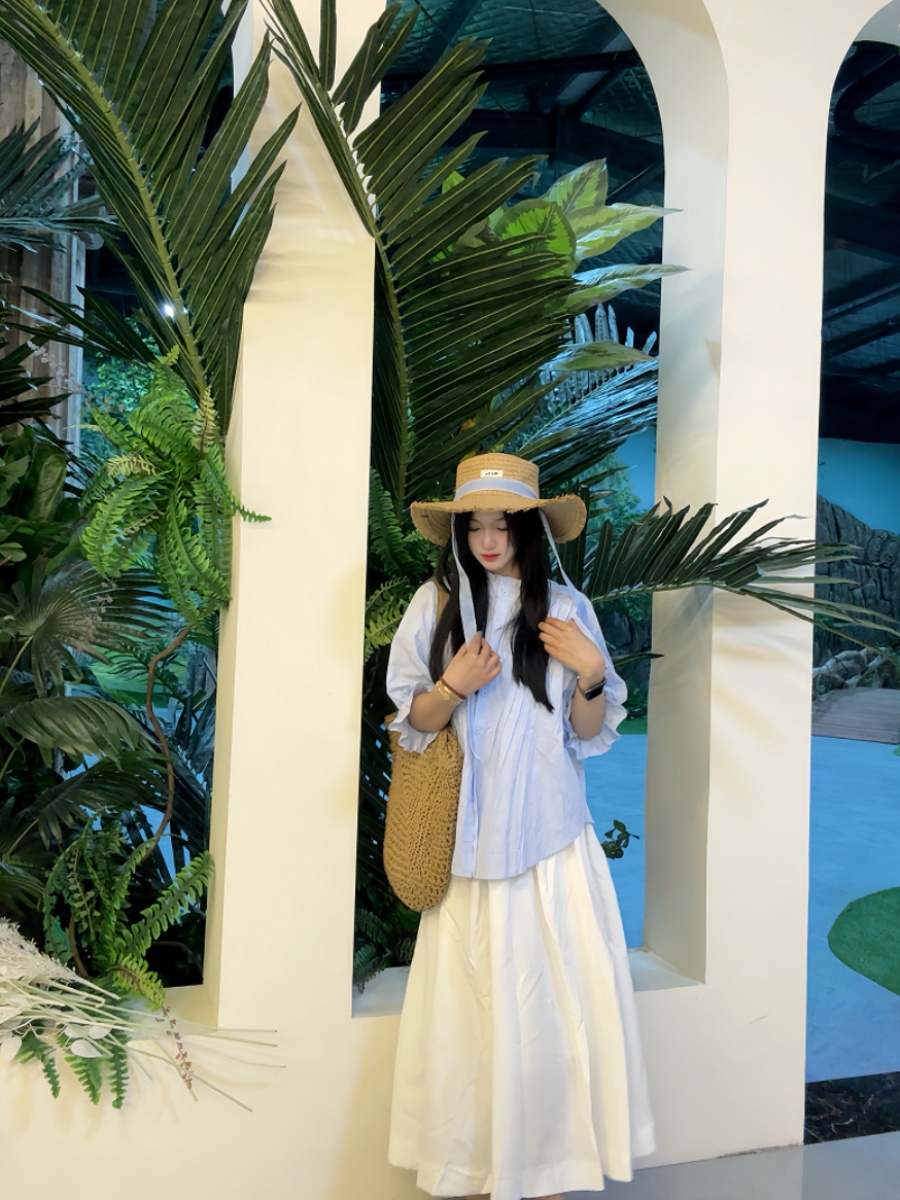 プラスサイズの女性用ブルーバブルスリーブシャツとハイウエスト - Korean Style A Line Shirt Dress のレビューと価格