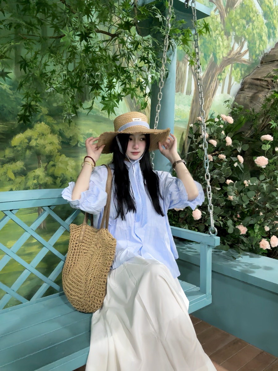 プラスサイズの女性用ブルーバブルスリーブシャツとハイウエスト - Korean Style A Line Shirt Dress のレビューと価格