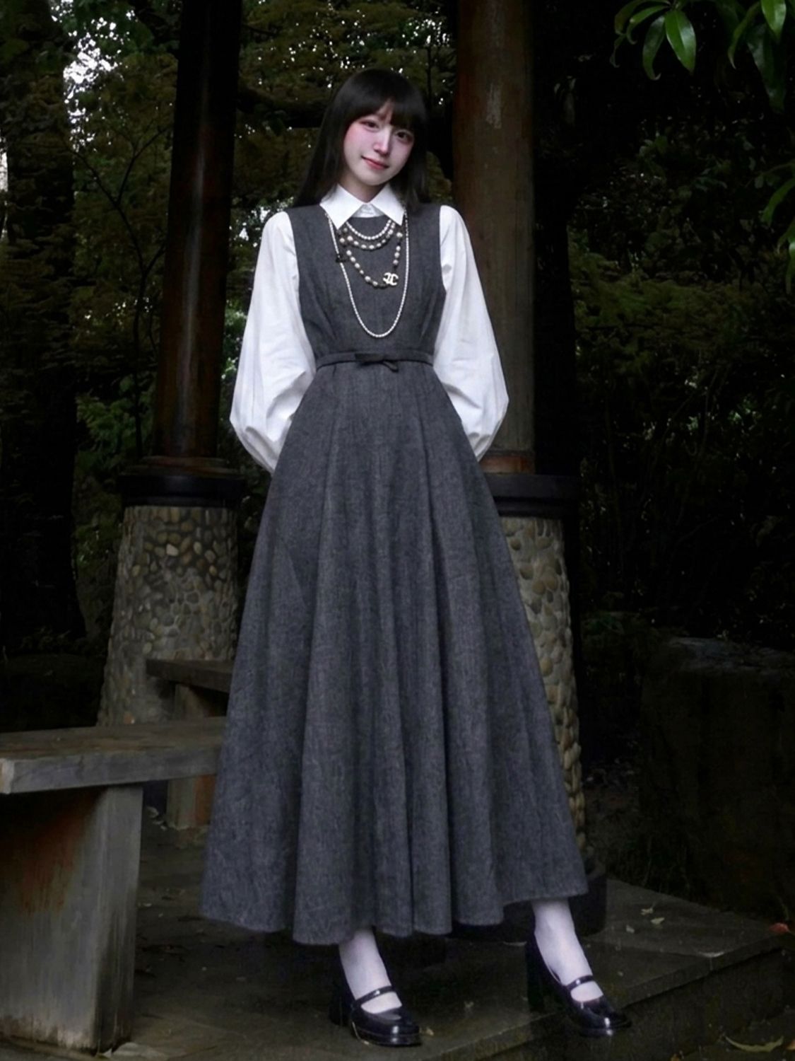 韓国風ヘップバーンスタイル2ピースドレスセット レディース  - Korean Style A Line Shirt Dress のレビューと価格