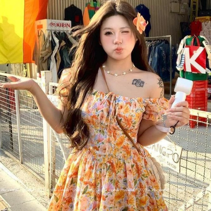 レディース オレンジ 花柄 オフショルダー ミニドレス パフ - Off Shoulder Puff Sleeve Sundress のレビューと価格