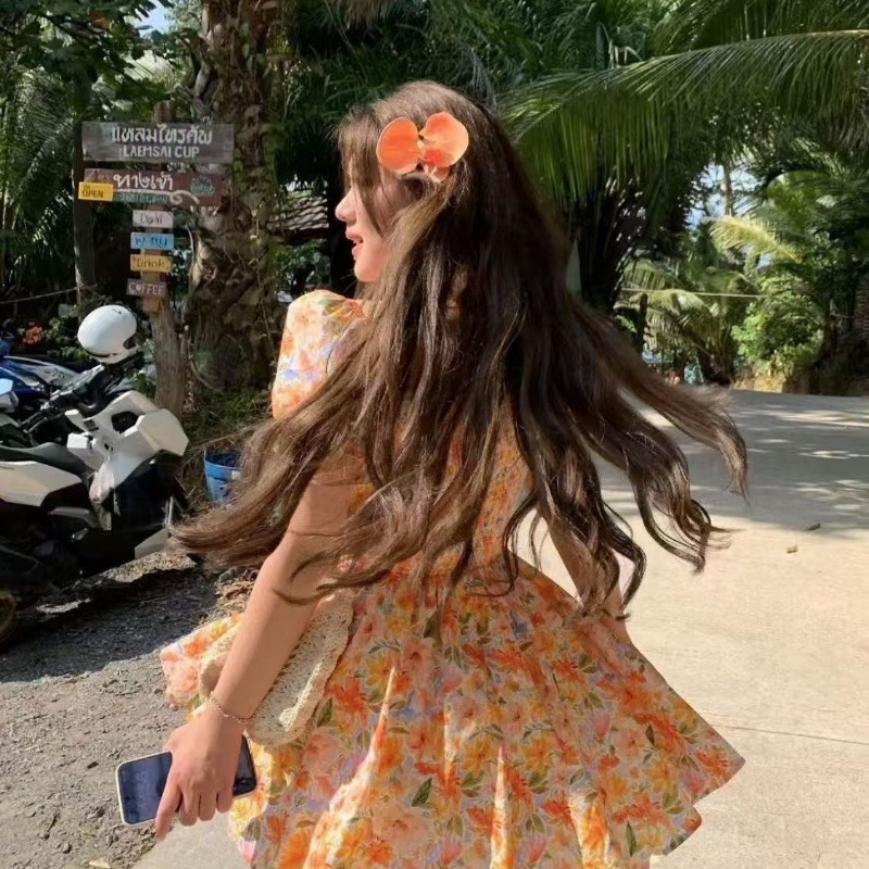 2026年新作 オレンジ色の花柄プリント オフショルダーミニ - Off Shoulder Puff Sleeve Sundress のレビューと価格