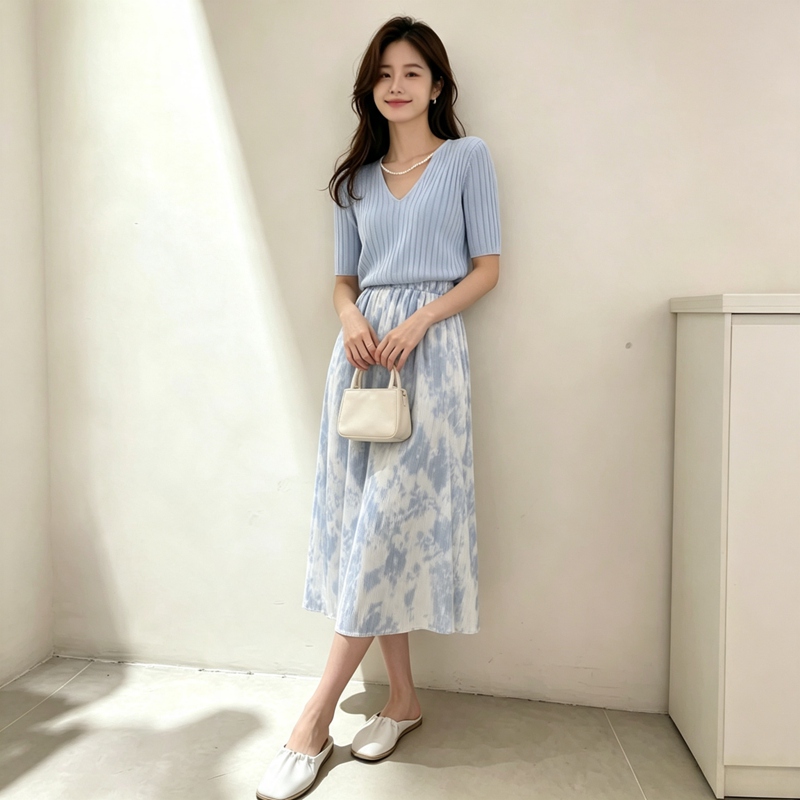 2026年夏 優しい半袖VネックTシャツワンピースセット レ - Korean Style A Line Shirt Dress のレビューと価格