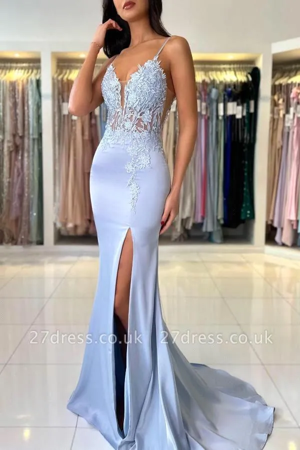 エレガントなマーメイドライトブルーのプロムドレス、セクシーな - Elegant Satin Evening Gown Split のレビューと価格