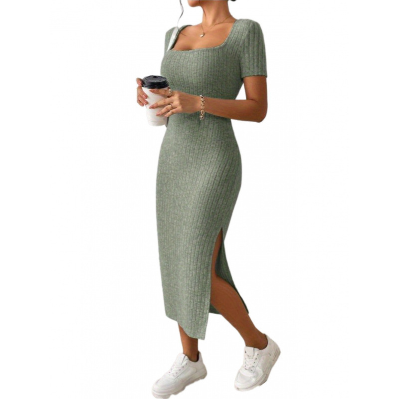 ヴィンテージリブニットミディドレス、スクエアネック長袖ボディ - Bodycon Long Sleeve Ribbed Dress のレビューと価格