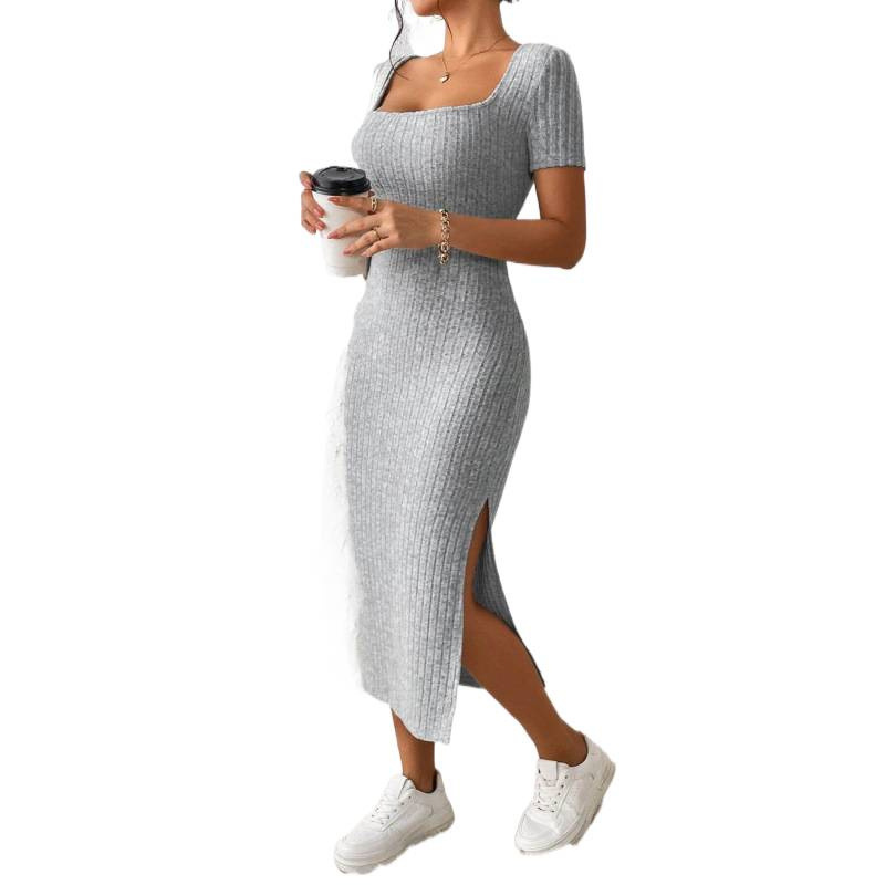 ヴィンテージリブニットミディドレス、スクエアネック長袖ボディ - Bodycon Long Sleeve Ribbed Dress のレビューと価格
